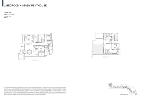 The Residences at W Sentosa Cove floor plan, Type PH A1: 2-bedroom + study penthouse of 2,217 sq ft (206 sq m) in 1 Ocean Way, from the developer&rsquo;s plans