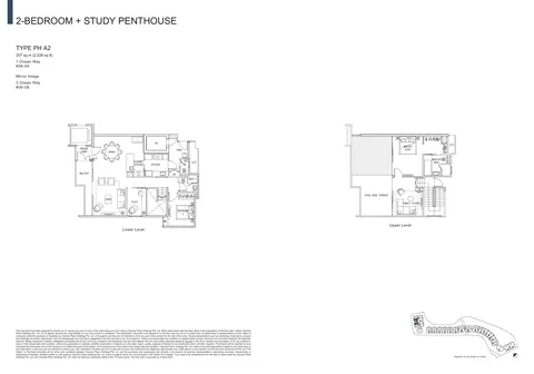 The Residences at W Sentosa Cove floor plan, Type PH A2: 2-bedroom + study penthouse of 2,228 sq ft (207 sq m) in 1 and 3 Ocean Way, from the developer&rsquo;s plans
