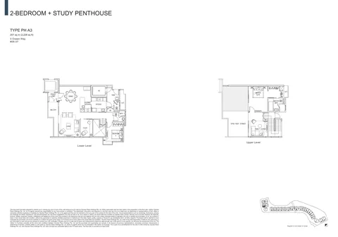 The Residences at W Sentosa Cove floor plan, Type PH A3: 2-bedroom + study penthouse of 2,228 sq ft (207 sq m) in 3 Ocean Way, from the developer&rsquo;s plans