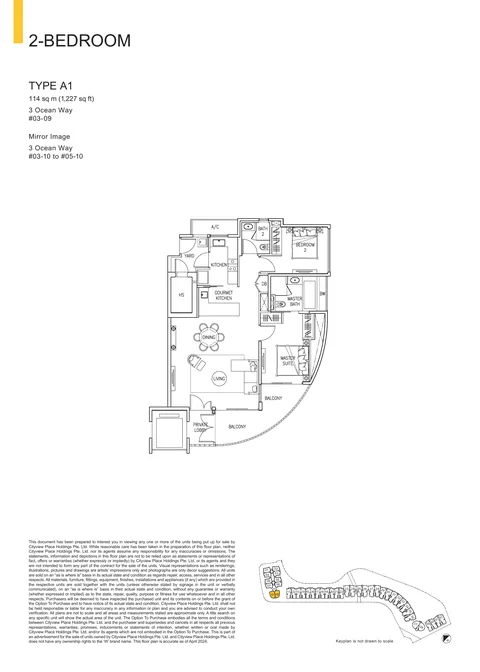 The Residences at W Sentosa Cove floor plan, Type A1: 2-bedroom of 1,227 sq ft (114 sq m) in 3 Ocean Way, from the developer&rsquo;s plans