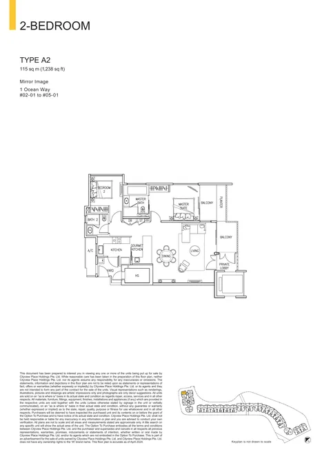 The Residences at W Sentosa Cove floor plan, Type A2: 2-bedroom of 1,238 sq ft (115 sq m) in 1 Ocean Way, from the developer&rsquo;s plans