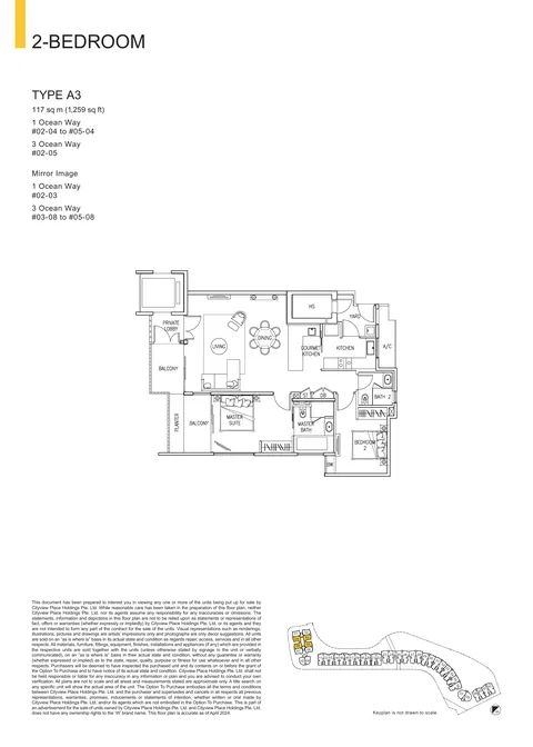 The Residences at W Sentosa Cove floor plan, Type A3: 2-bedroom of 1,259 sq ft (117 sq m) in 1 and 3 Ocean Way, from the developer&rsquo;s plans