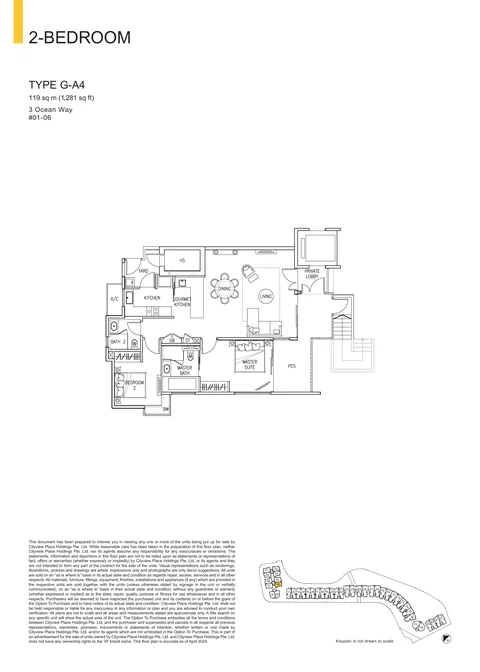 The Residences at W Sentosa Cove floor plan, Type G-A4: 2-bedroom of 1,281 sq ft (119 sq m) in 3 Ocean Way, from the developer&rsquo;s plans