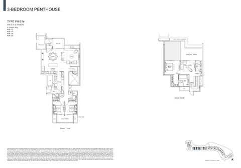 The Residences at W Sentosa Cove floor plan, Type PH B1e: 3-bedroom penthouse of 2,573 sq ft (239 sq m) in 5 Ocean Way, from the developer&rsquo;s plans