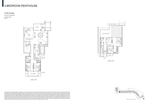 The Residences at W Sentosa Cove floor plan, Type PH B2: 3-bedroom penthouse of 2,508 sq ft (233 sq m) in 5 Ocean Way, from the developer&rsquo;s plans