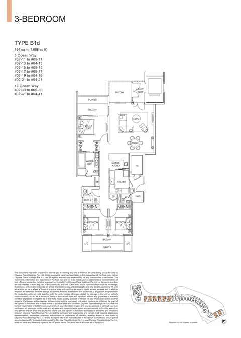 The Residences at W Sentosa Cove floor plan, Type B1d: 3-bedroom of 1,658 sq ft (154 sq m) in 5 and 13 Ocean Way, from the developer&rsquo;s plans
