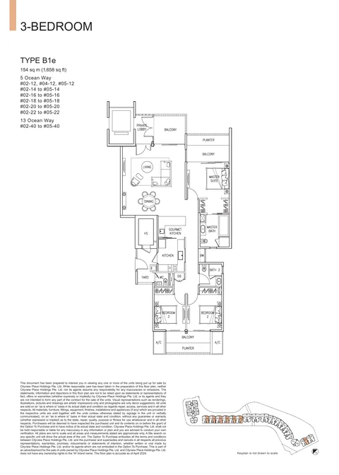 The Residences at W Sentosa Cove floor plan, Type B1e: 3-bedroom of 1,658 sq ft (154 sq m) in 5 and 13 Ocean Way, from the developer&rsquo;s plans