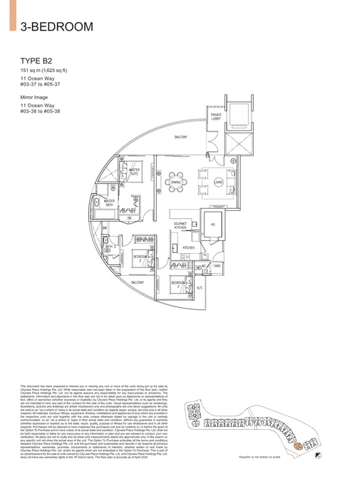 The Residences at W Sentosa Cove floor plan, Type B2: 3-bedroom of 1,625 sq ft (151 sq m) in 11 Ocean Way, from the developer&rsquo;s plans