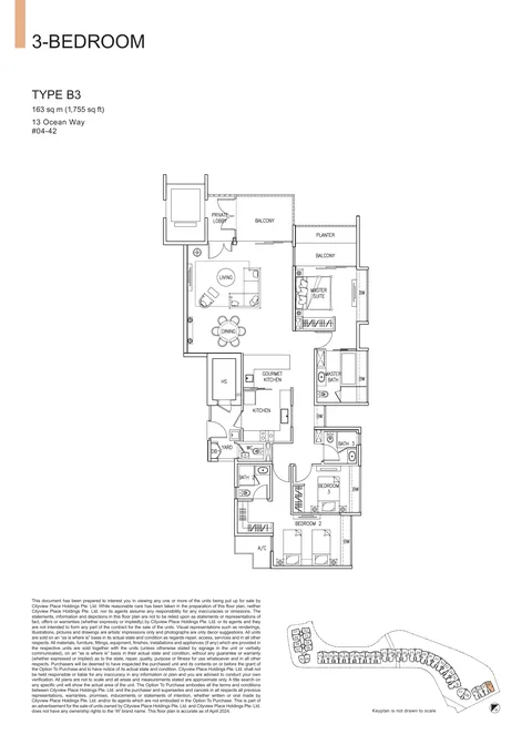 The Residences at W Sentosa Cove floor plan, Type B3: 3-bedroom of 1,755 sq ft (163 sq m) in 13 Ocean Way, from the developer&rsquo;s plans