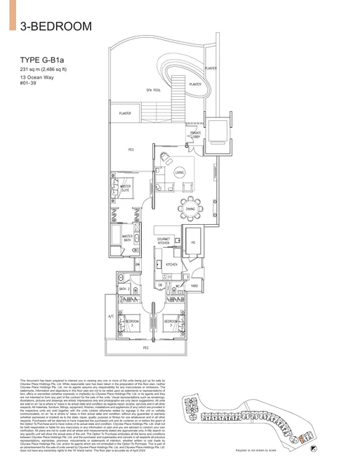 The Residences at W Sentosa Cove floor plan, Type G-B1a: 3-bedroom of 2,486 sq ft (231 sq m) in 13 Ocean Way, from the developer&rsquo;s plans