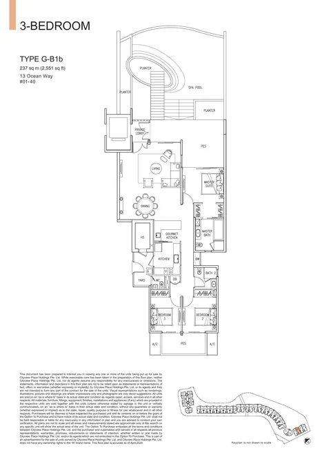 The Residences at W Sentosa Cove floor plan, Type G-B1b: 3-bedroom of 2,551 sq ft (237 sq m) in 13 Ocean Way, from the developer&rsquo;s plans