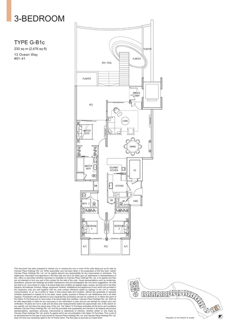 The Residences at W Sentosa Cove floor plan, Type G-B1c: 3-bedroom of 2,476 sq ft (230 sq m) in 13 Ocean Way, from the developer&rsquo;s plans