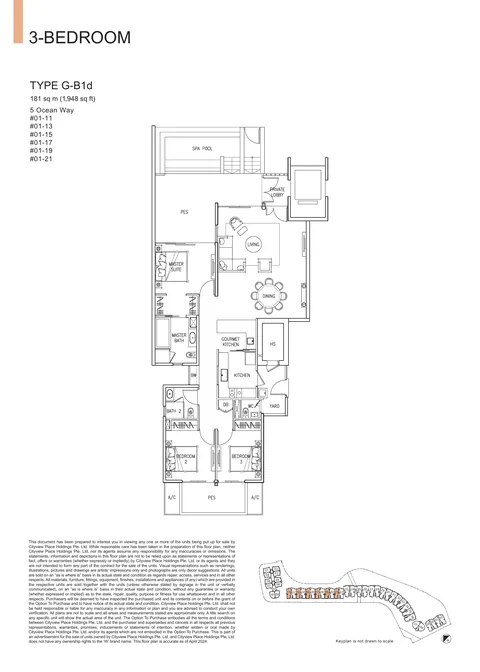 The Residences at W Sentosa Cove floor plan, Type G-B1d: 3-bedroom of 1,948 sq ft (181 sq m) in 5 Ocean Way, from the developer&rsquo;s plans
