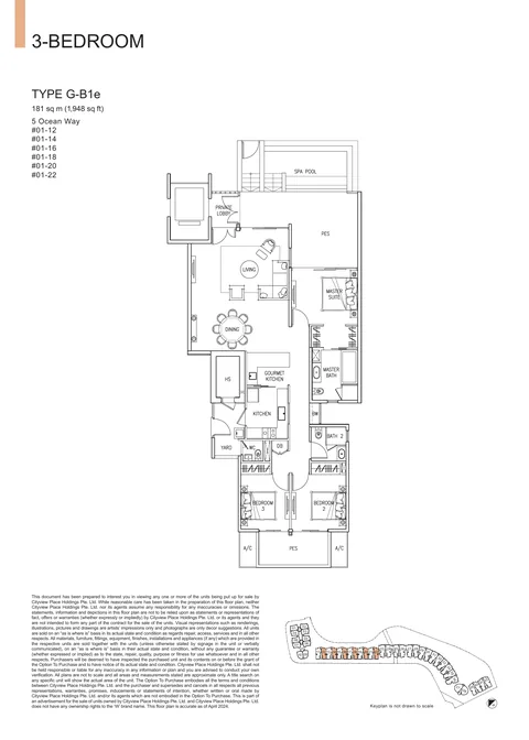 The Residences at W Sentosa Cove floor plan, Type G-B1e: 3-bedroom of 1,948 sq ft (181 sq m) in 5 Ocean Way, from the developer&rsquo;s plans