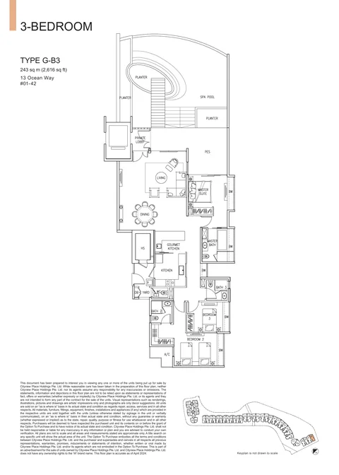 The Residences at W Sentosa Cove floor plan, Type G-B3: 3-bedroom of 2,616 sq ft (243 sq m) in 13 Ocean Way, from the developer&rsquo;s plans