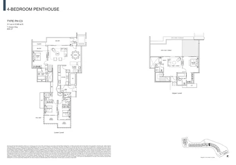 The Residences at W Sentosa Cove floor plan, Type PH C3: 4-bedroom penthouse of 3,348 sq ft (311 sq m) in 7 Ocean Way, from the developer&rsquo;s plans