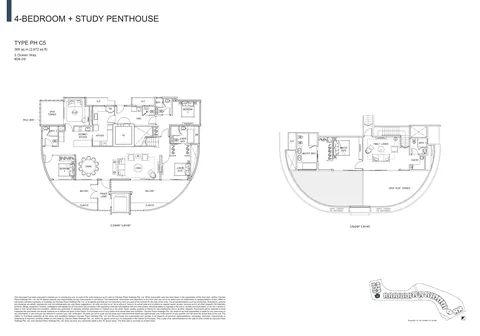 The Residences at W Sentosa Cove floor plan, Type PH C5: 4-bedroom + study penthouse of 3,972 sq ft (369 sq m) in 3 Ocean Way, from the developer&rsquo;s plans