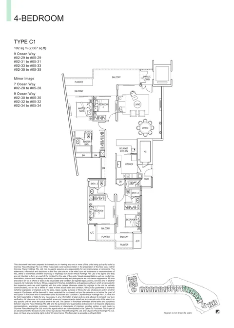 The Residences at W Sentosa Cove floor plan, Type C1: 4-bedroom of 2,067 sq ft (192 sq m) in 7 and 9 Ocean Way, from the developer&rsquo;s plans