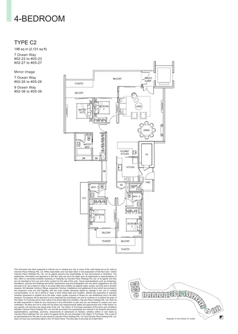 The Residences at W Sentosa Cove floor plan, Type C2: 4-bedroom of 2,131 sq ft (198 sq m) in 7 and 9 Ocean Way, from the developer&rsquo;s plans