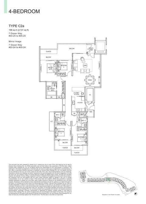 The Residences at W Sentosa Cove floor plan, Type C2a: 4-bedroom of 2,131 sq ft (198 sq m) in 7 Ocean Way, from the developer&rsquo;s plans