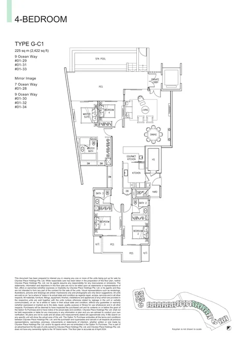 The Residences at W Sentosa Cove floor plan, Type G-C1: 4-bedroom of 2,422 sq ft (225 sq m) in 7 and 9 Ocean Way, from the developer&rsquo;s plans