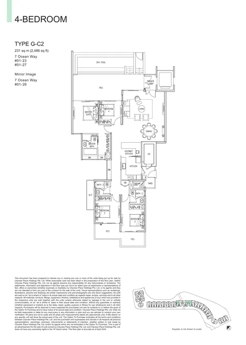 The Residences at W Sentosa Cove floor plan, Type G-C2: 4-bedroom of 2,486 sq ft (231 sq m) in 7 Ocean Way, from the developer&rsquo;s plans