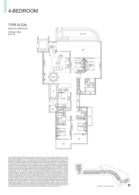 The Residences at W Sentosa Cove floor plan, Type G-C2a: 4-bedroom of 2,465 sq ft (229 sq m) in 9 Ocean Way, from the developer&rsquo;s plans