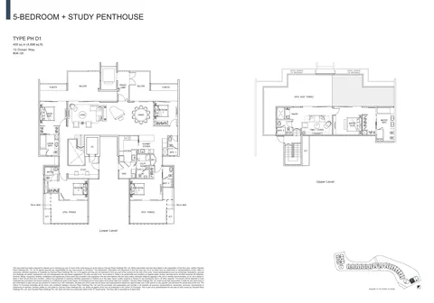 The Residences at W Sentosa Cove floor plan, Type PH D1: 5-bedroom + study penthouse of 4,898 sq ft (455 sq m) in 13 Ocean Way, from the developer&rsquo;s plans