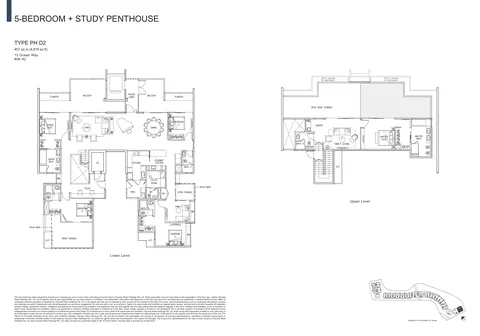 The Residences at W Sentosa Cove floor plan, Type PH D2: 5-bedroom + study penthouse of 4,919 sq ft (457 sq m) in 13 Ocean Way, from the developer&rsquo;s plans