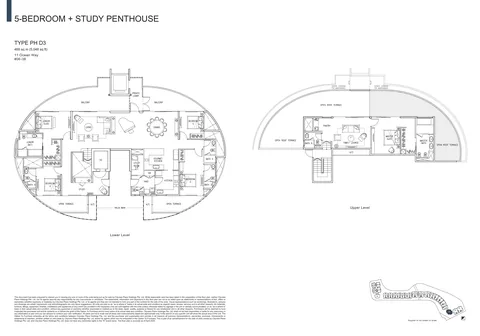 The Residences at W Sentosa Cove floor plan, Type PH D3: 5-bedroom + study penthouse of 5,048 sq ft (469 sq m) in 11 Ocean Way, from the developer&rsquo;s plans