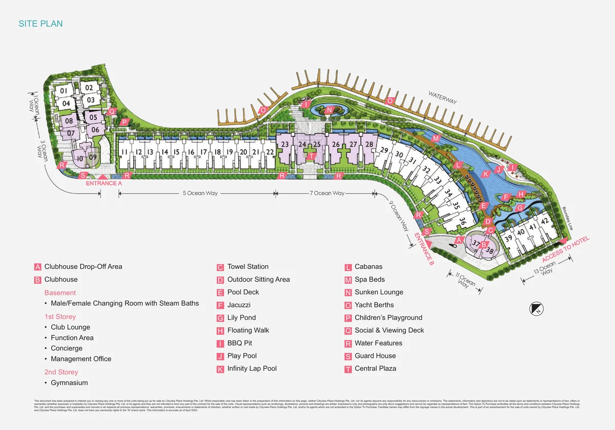 The Residences at W Sentosa Cove site plan from the developer: seven blocks along Ocean Way, the infinity lap pool, the clubhouse and the yacht berths on the waterway